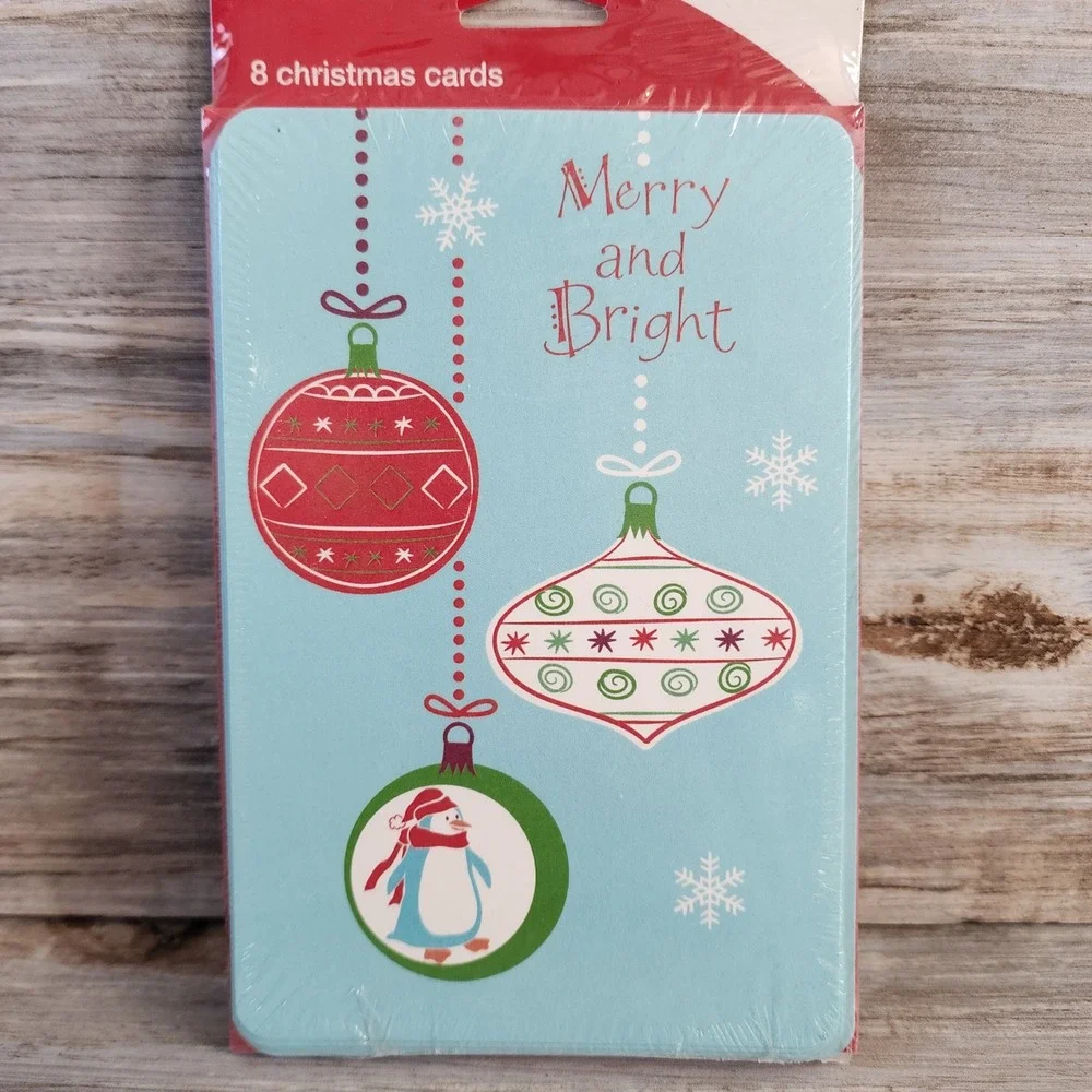 8 Count Merry and Bright Christmas Cards Penguin Ornament Blue Holiday Set